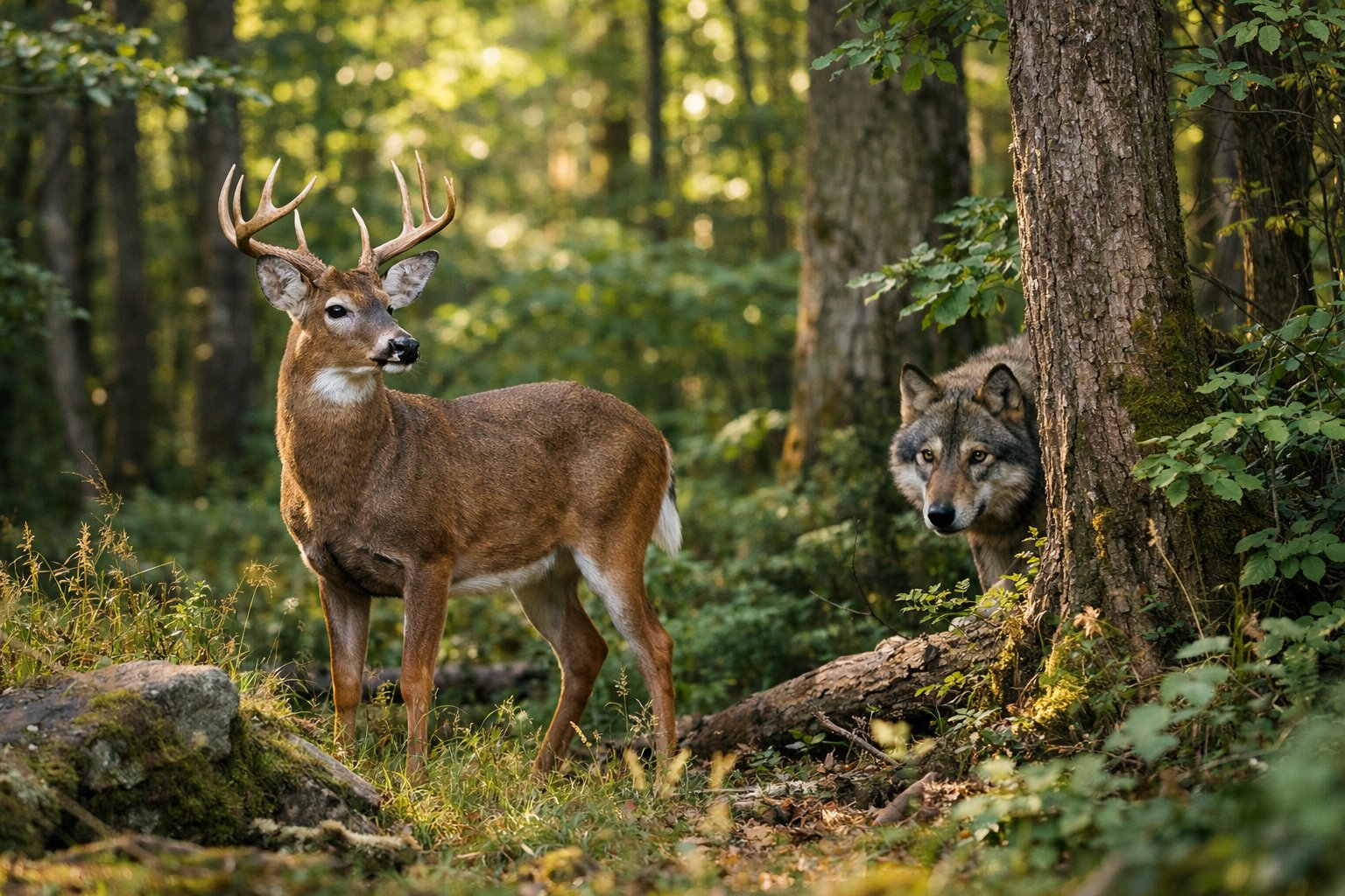 A deer standing in a forest with a predator, like a wolf or mountain lion, hidden nearby among the trees.