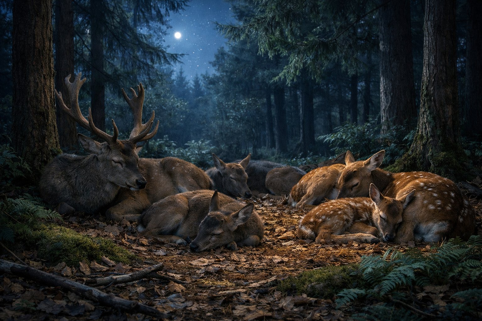 A group of deer resting quietly on the forest floor at night surrounded by trees and moonlight.