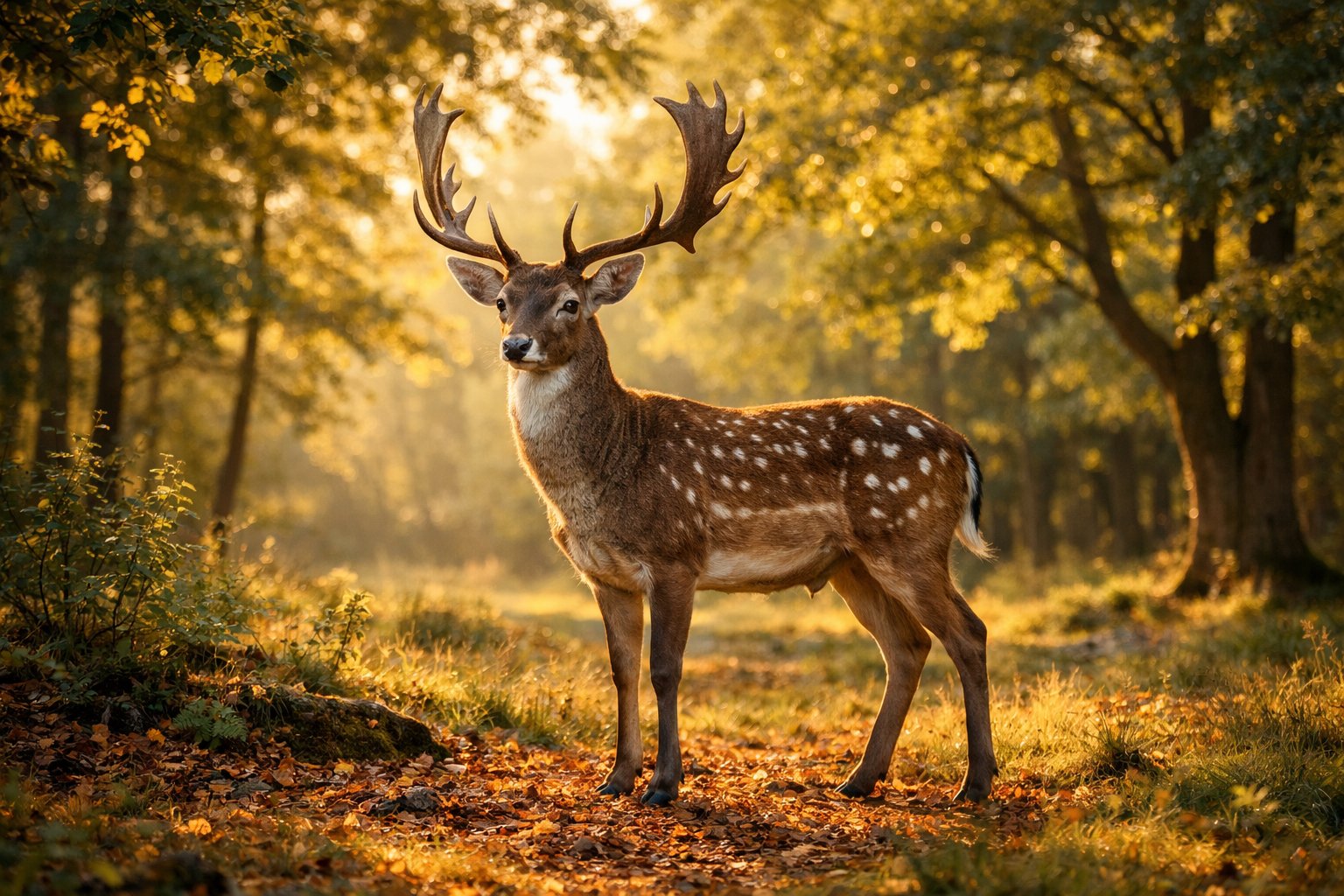 A deer standing in a sunlit forest clearing surrounded by trees and grass.