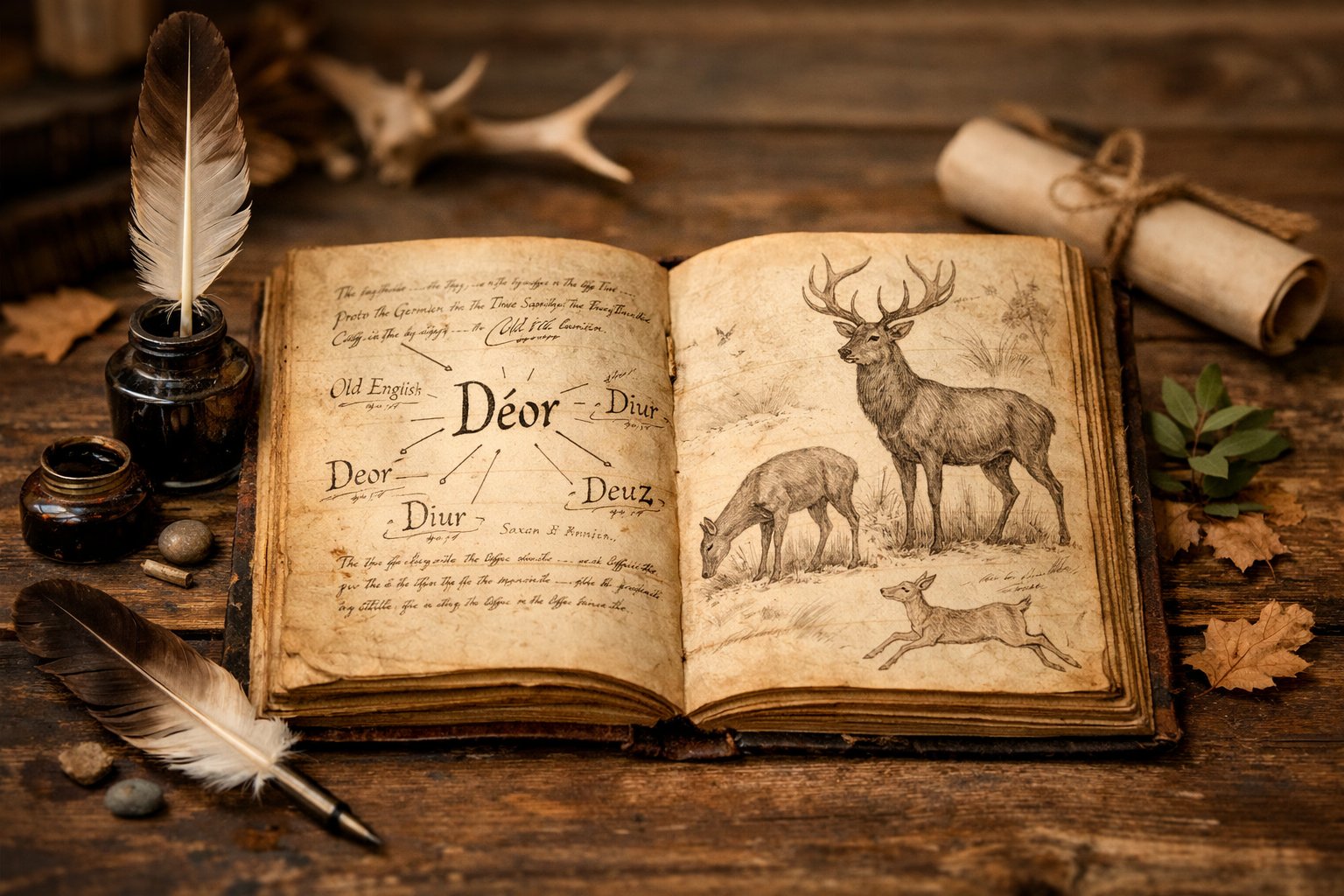 An open ancient manuscript with handwritten notes and sketches of deer, surrounded by quill pens and ink pots.