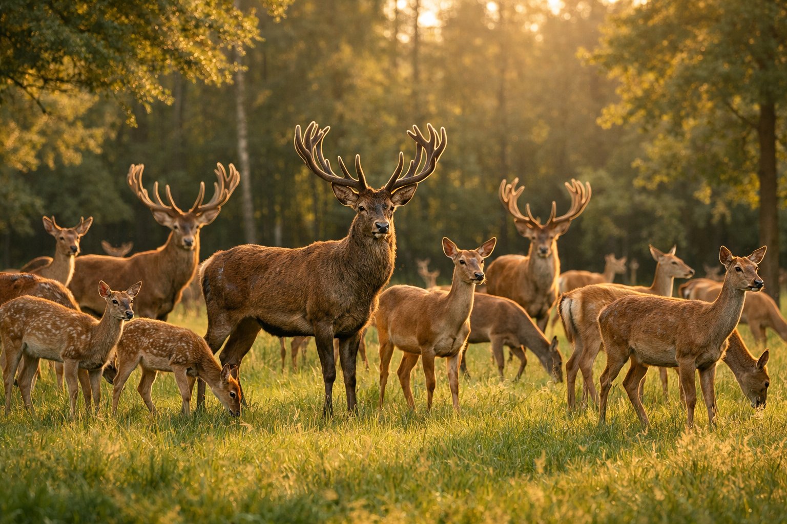 A large group of deer standing and grazing together in a sunlit forest clearing.