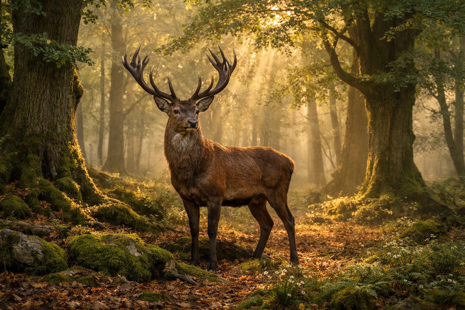 A mature deer with antlers standing in a misty ancient forest with sunlight filtering through tall trees.