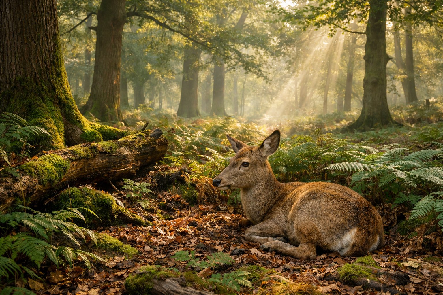 A deer resting quietly on the forest floor among ferns and trees in a peaceful woodland setting.