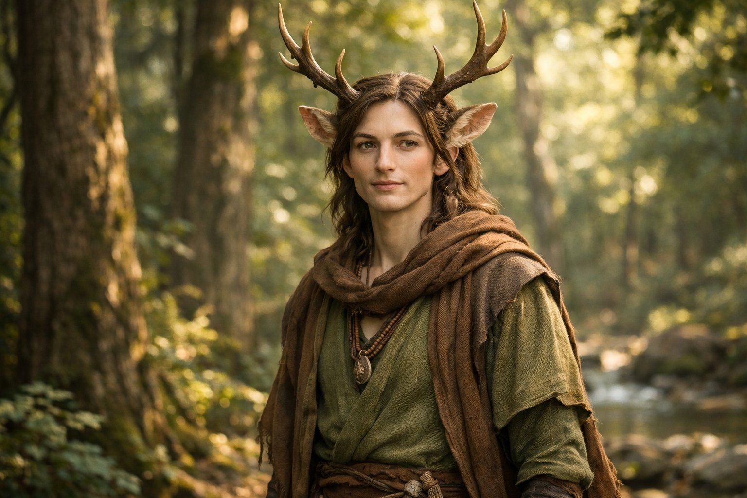 A humanoid figure with deer antlers and ears standing peacefully in a sunlit forest.