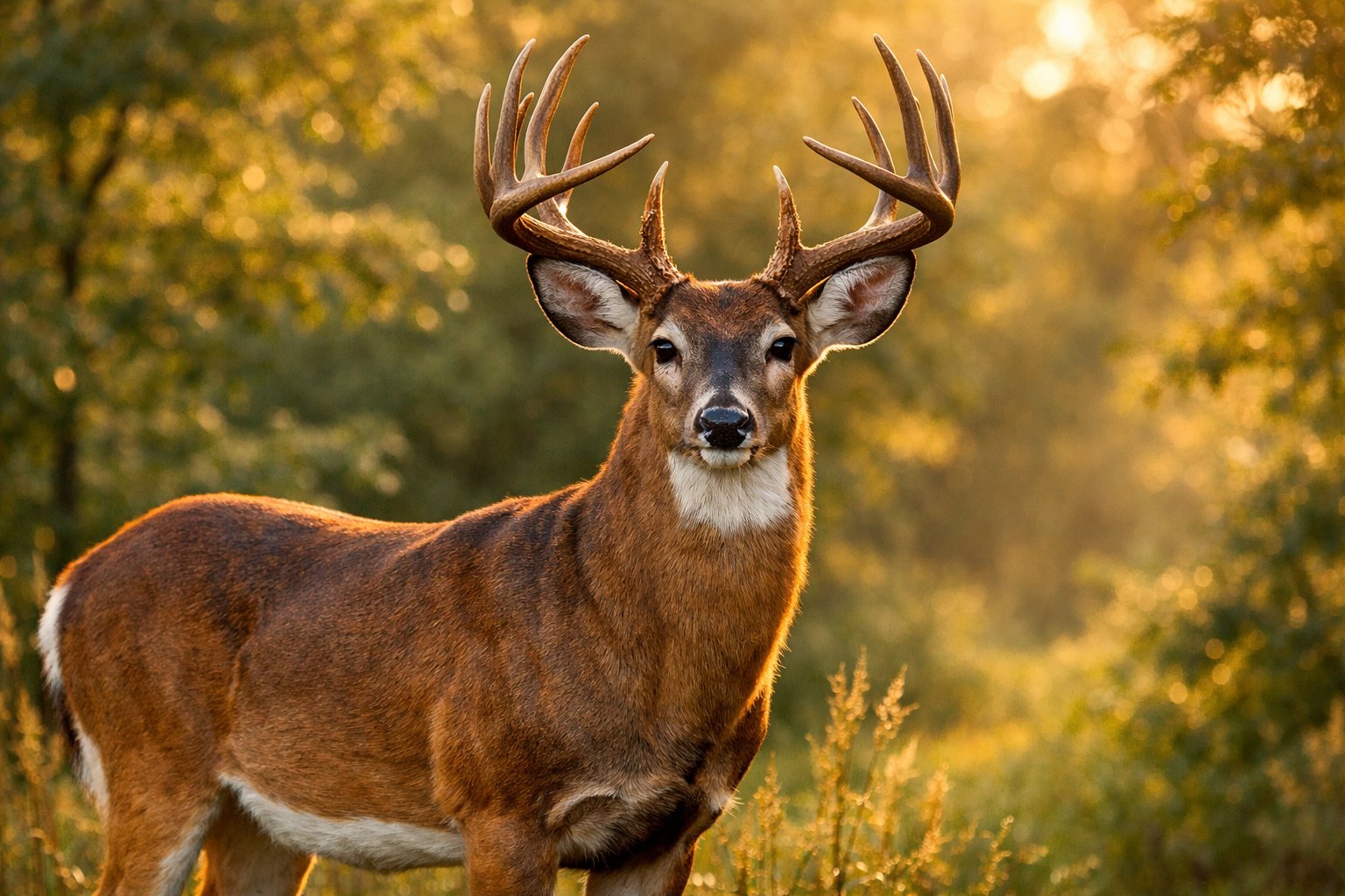 A majestic deer with elegant antlers standing in a sunlit forest clearing surrounded by green foliage.