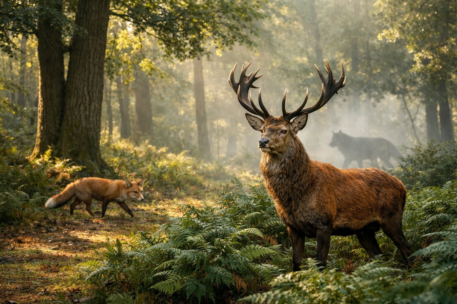 A red deer stag stands alert in a green British forest with a red fox nearby and faint silhouettes of a lynx or wolf in the misty background.