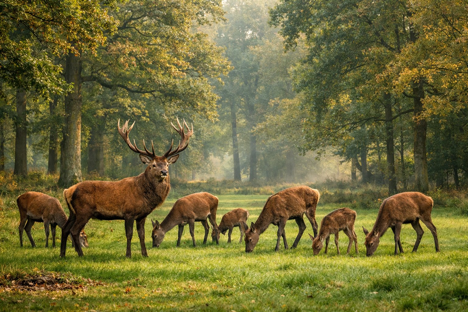A group of red deer grazing peacefully in a sunlit UK woodland with tall trees and green grass.