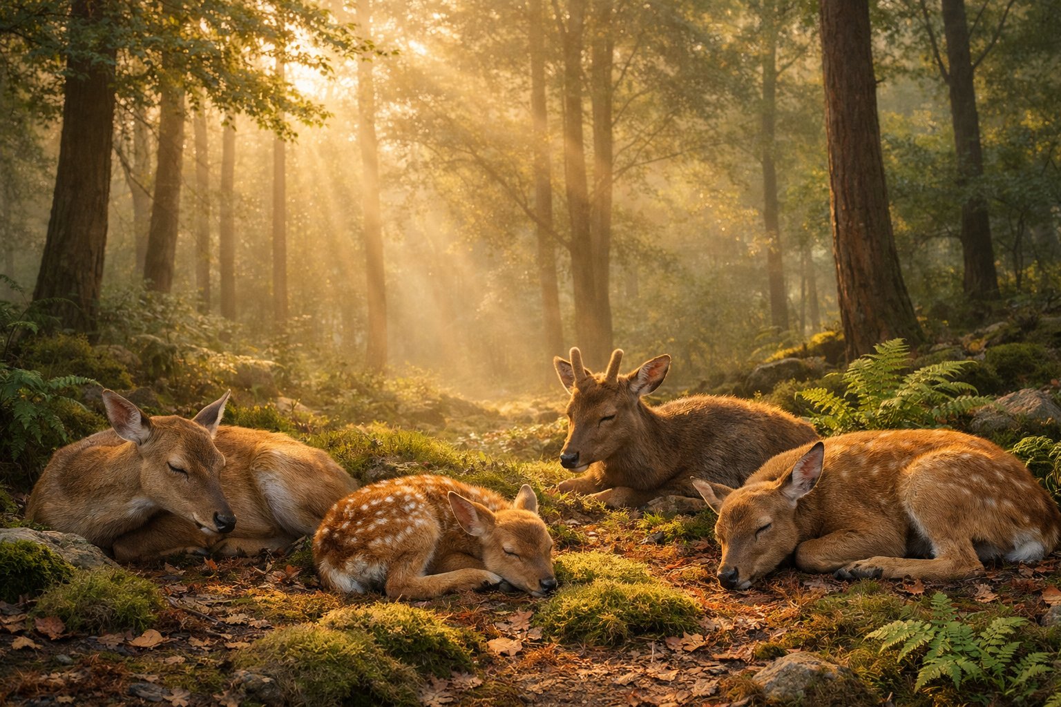 A group of deer resting quietly on moss and leaves in a peaceful forest clearing at dawn.