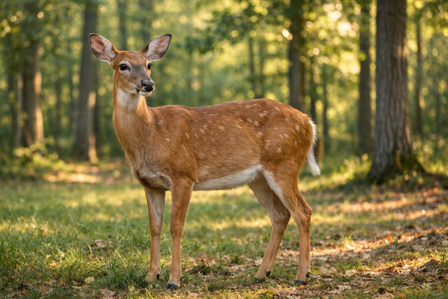 A female deer standing in a sunlit forest clearing surrounded by trees and grass.