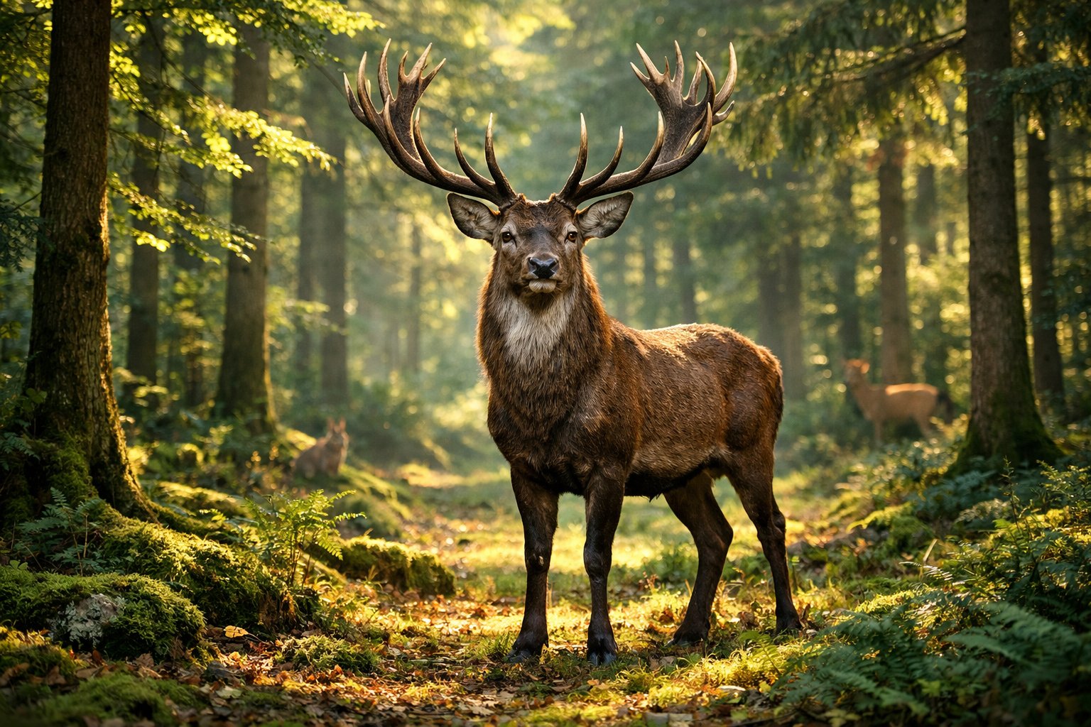 A large male deer with antlers standing in a sunlit forest clearing surrounded by trees and greenery.