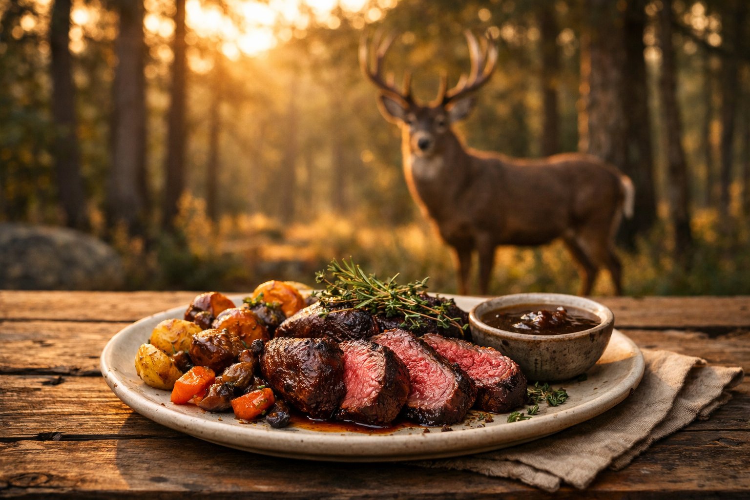 A plate of cooked venison steak with herbs and vegetables on a wooden table outdoors, with a deer standing in the forest background.