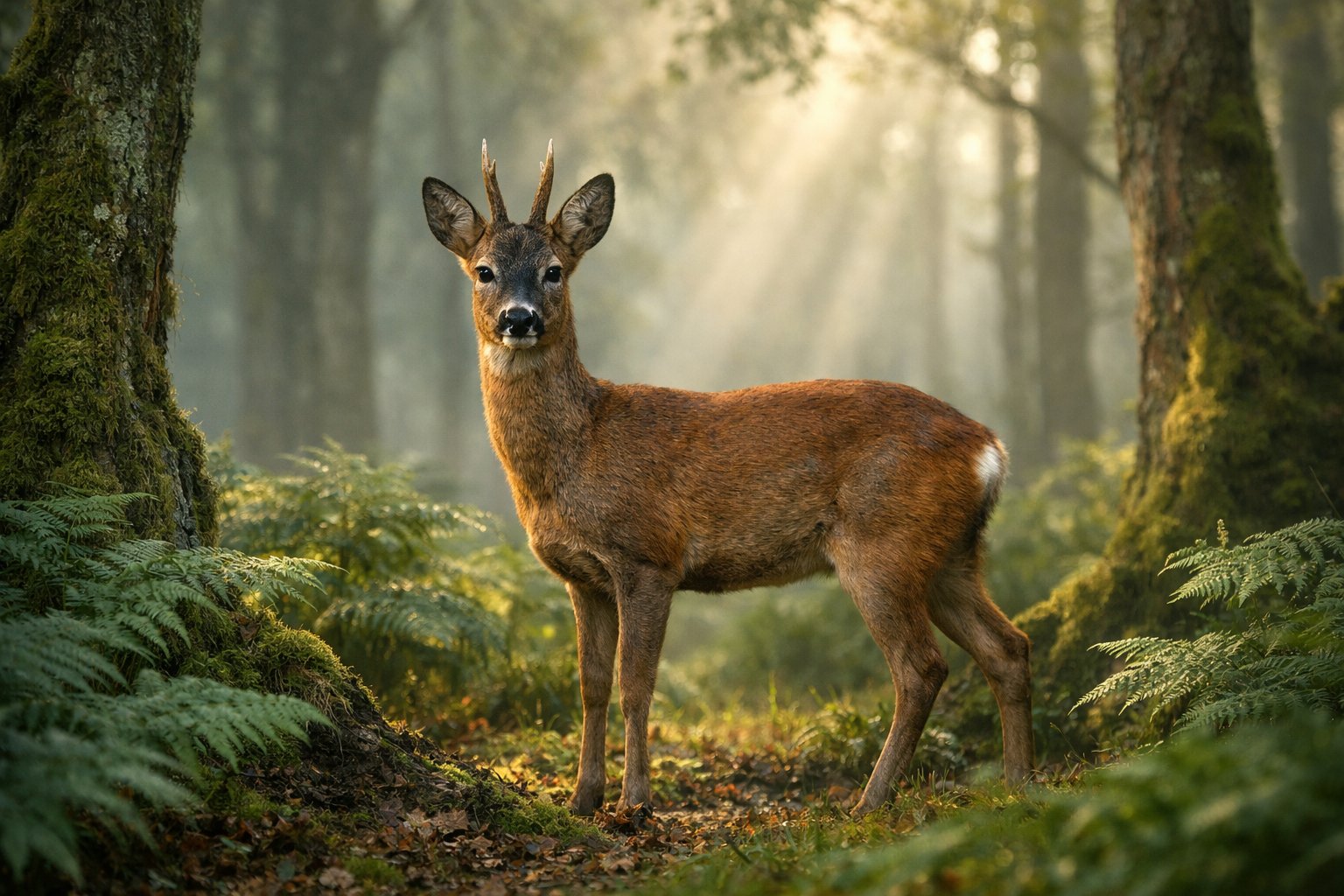 A rare Scottish roe deer standing in a misty forest with green ferns and sunlight filtering through trees.
