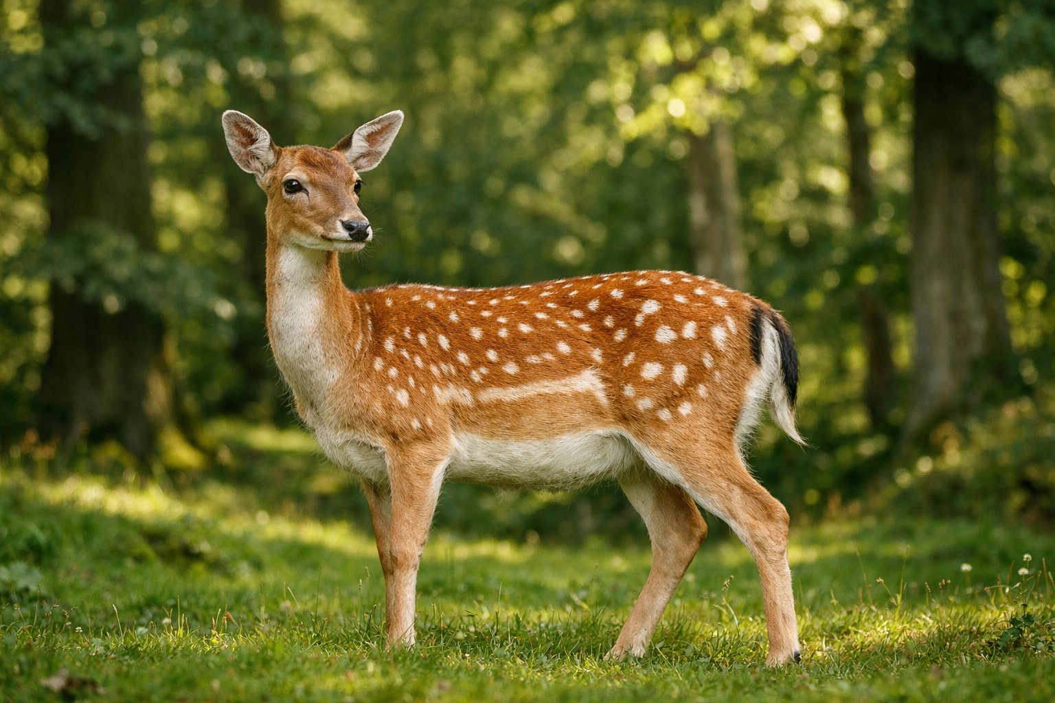 A British fallow deer standing in a sunlit forest clearing surrounded by trees and greenery.