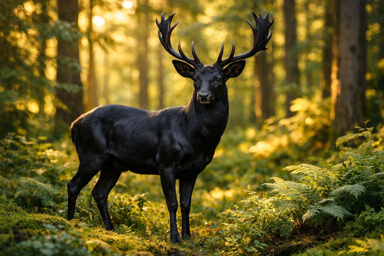 A black deer standing in a green forest with sunlight filtering through the trees.