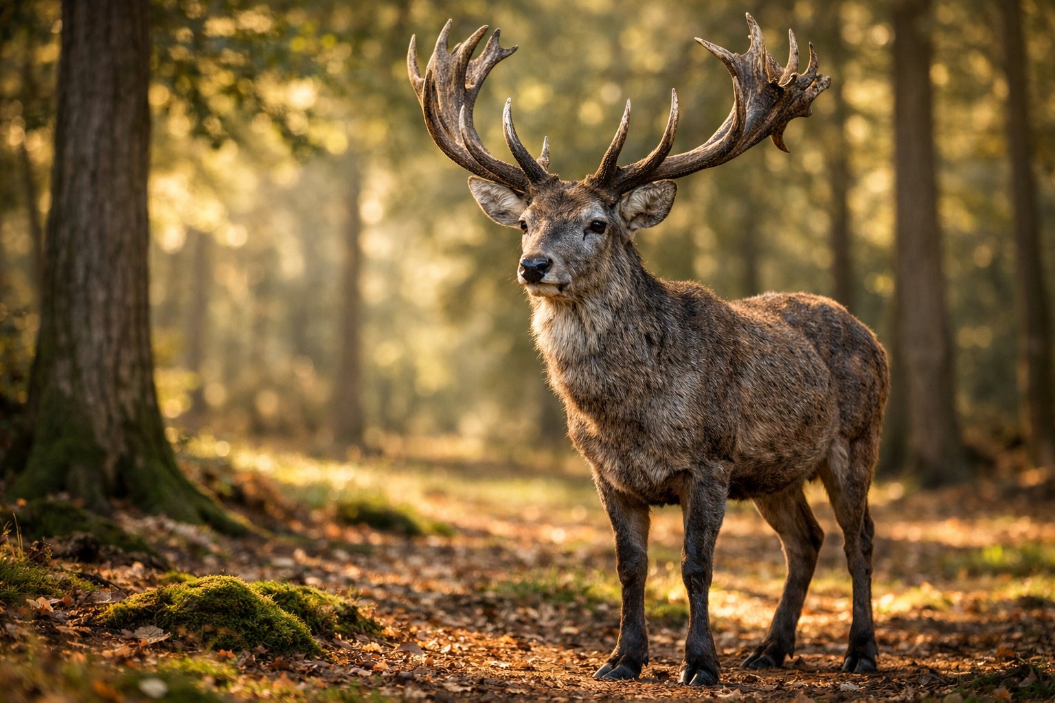 An elderly deer with large antlers standing in a sunlit forest clearing surrounded by trees and foliage.