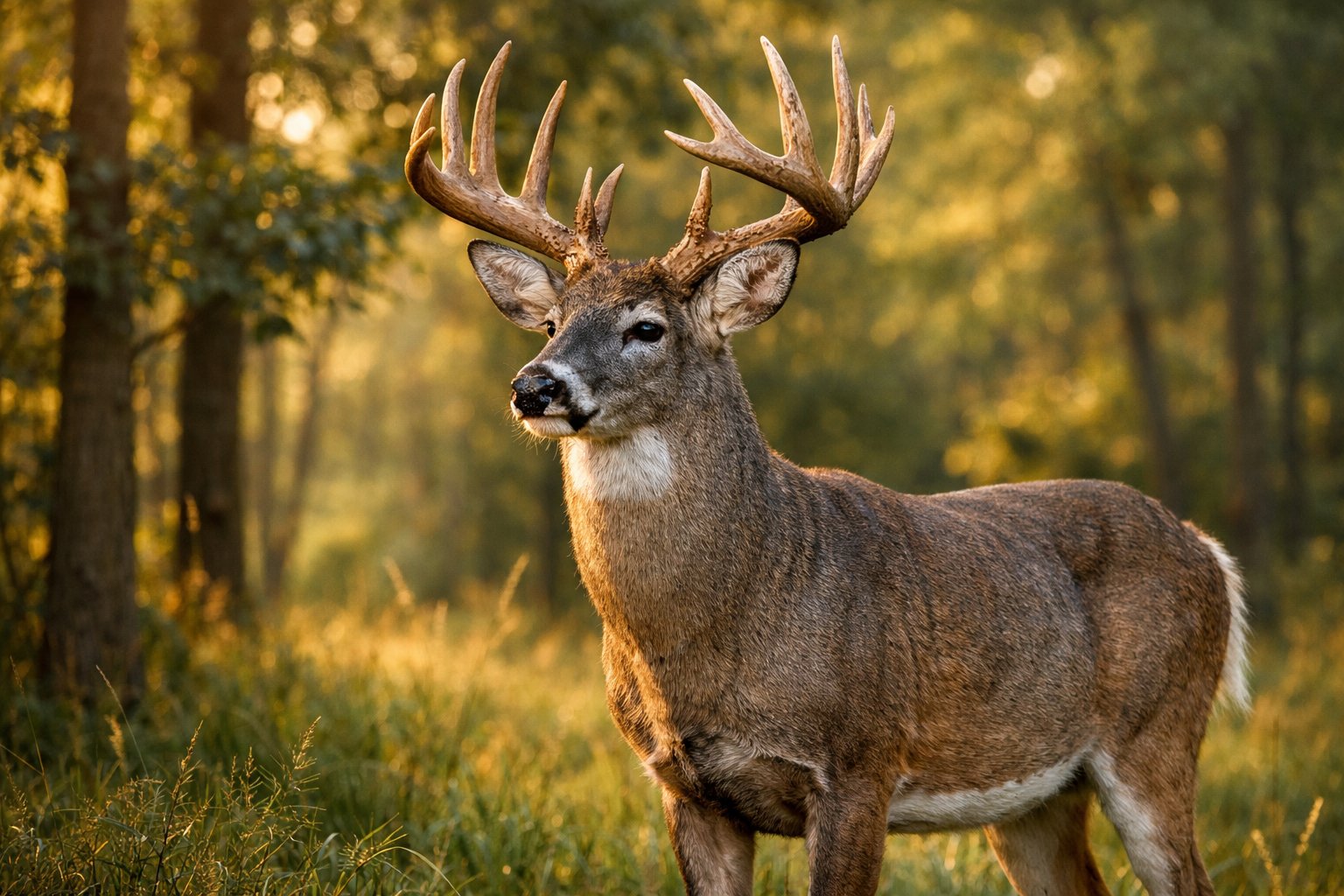 An elderly whitetail deer with large antlers standing in a sunlit forest surrounded by green trees.