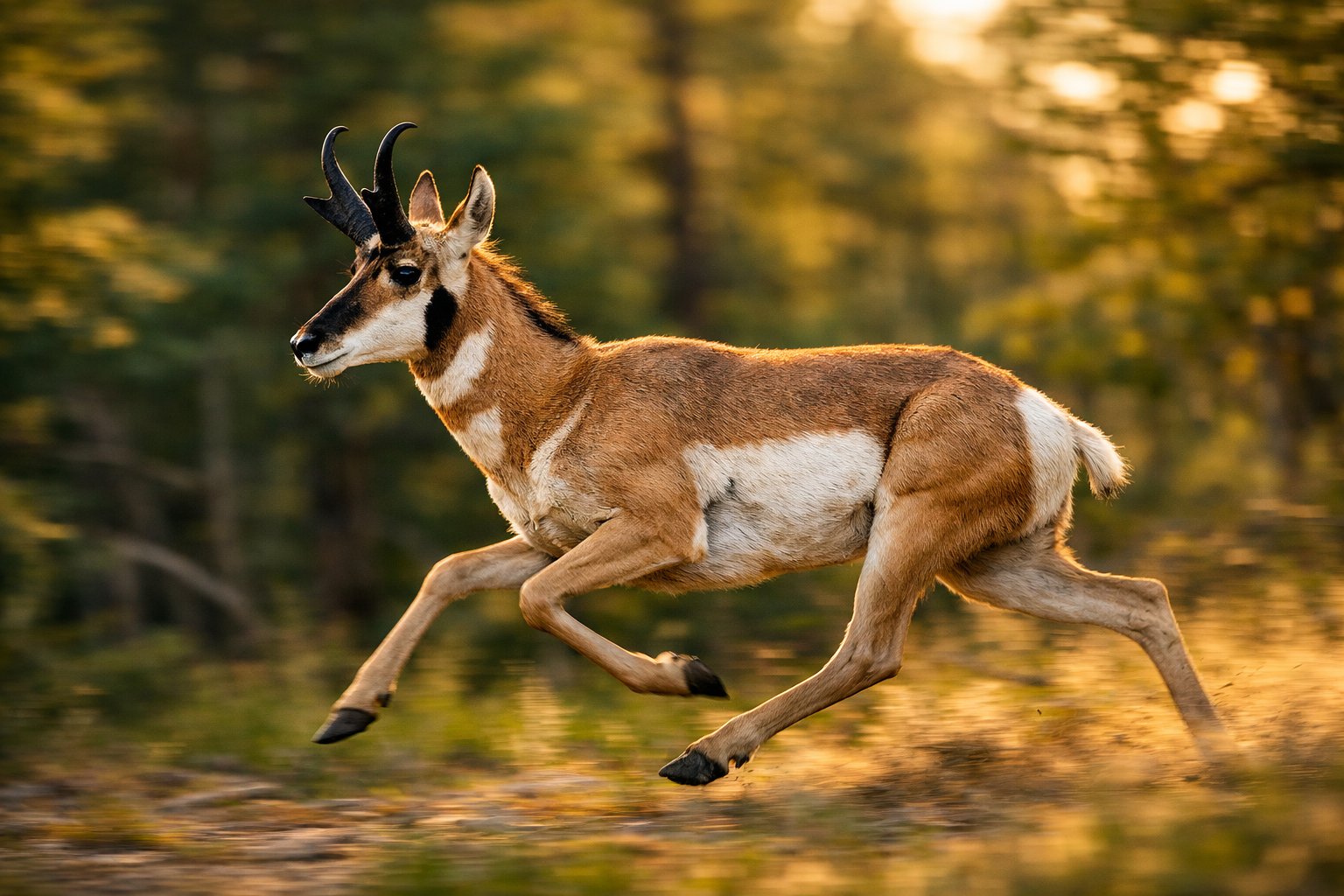 A pronghorn antelope running swiftly through a forest with sunlight filtering through the trees.