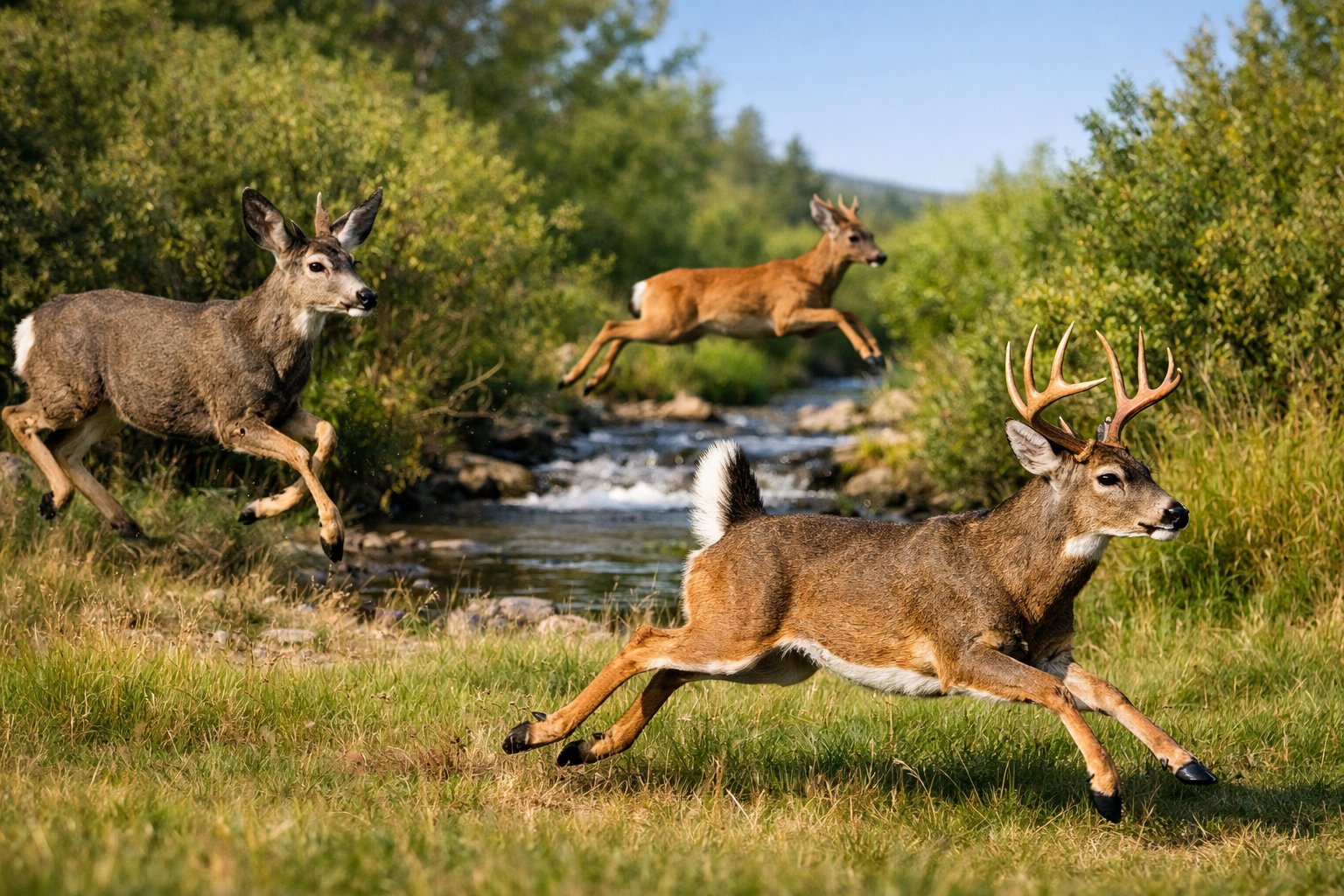 Three deer running swiftly across a grassy landscape with trees and a small stream in the background.