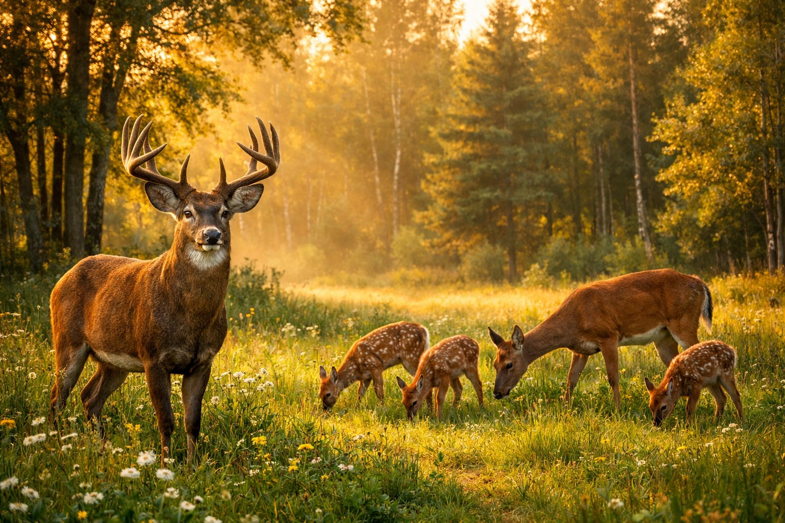 A group of deer including an adult male with antlers, a doe, and two fawns standing and grazing in a forest meadow with sunlight filtering through the trees.