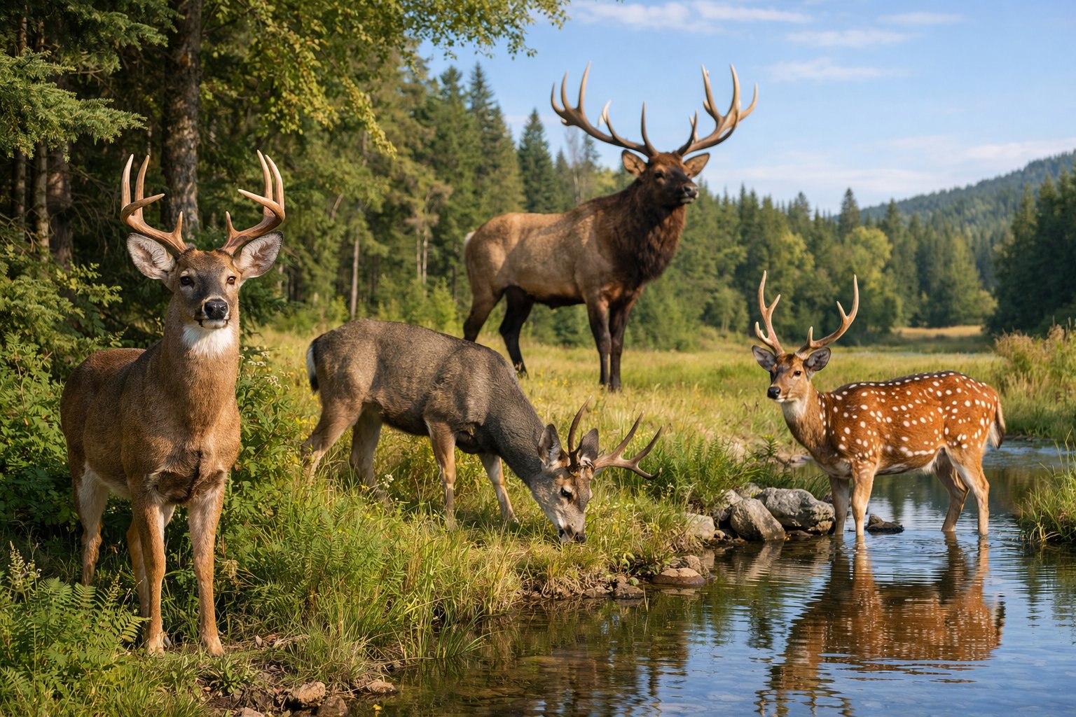 A group of different deer species in a natural setting including forest, meadow, and water, showing various sizes and antler types.
