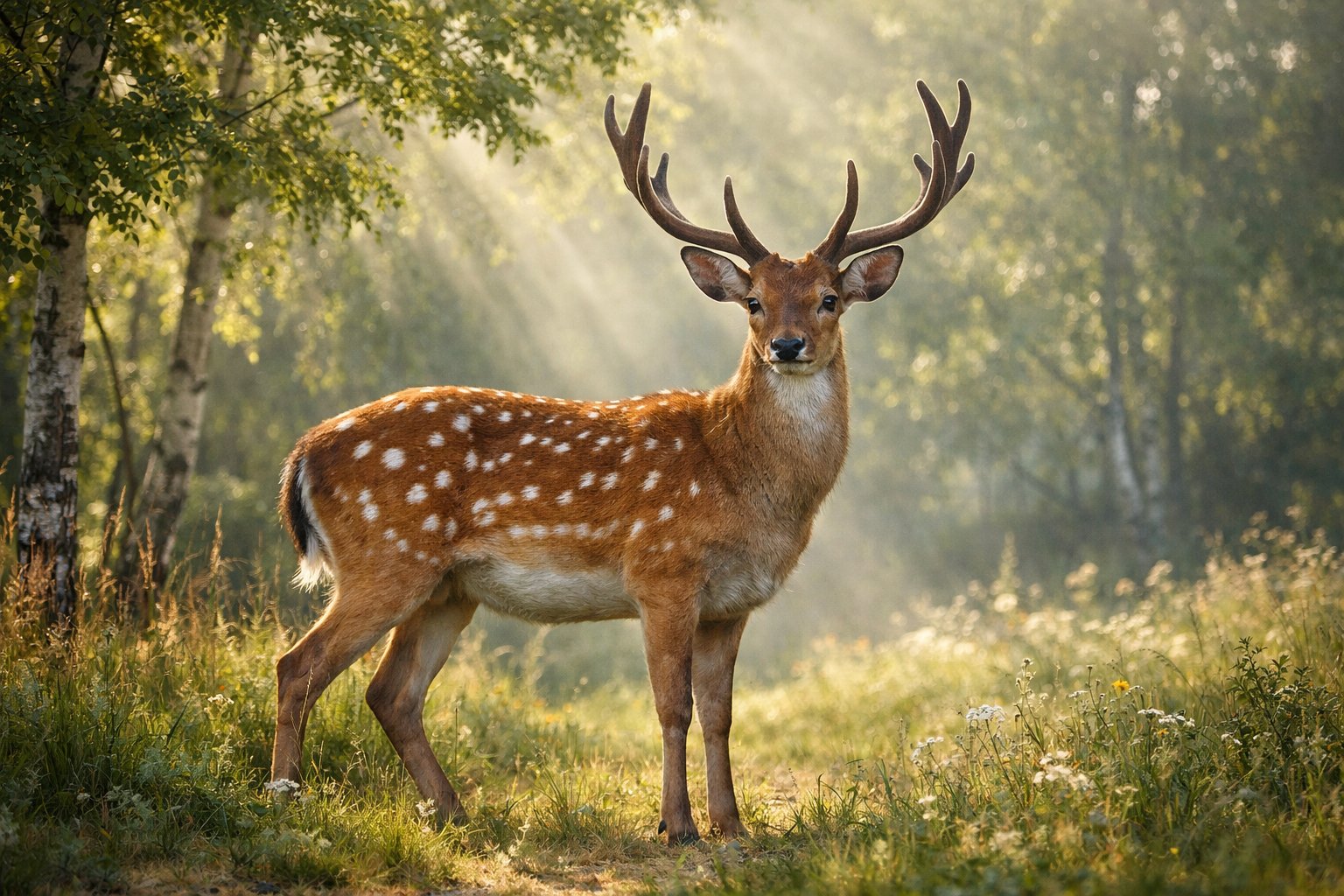 A deer standing in a sunlit forest clearing surrounded by trees and greenery.