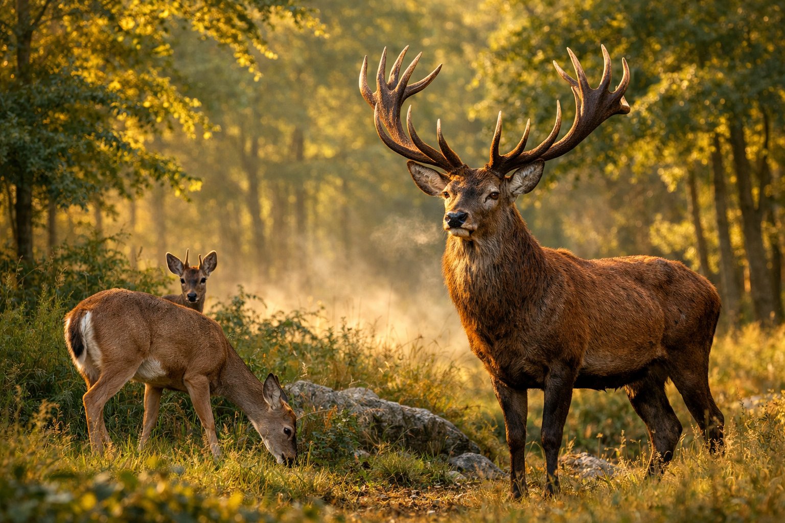 A group of different deer species in a forest, including a male red deer with large antlers, a female white-tailed deer grazing, and a smaller roe deer among trees.