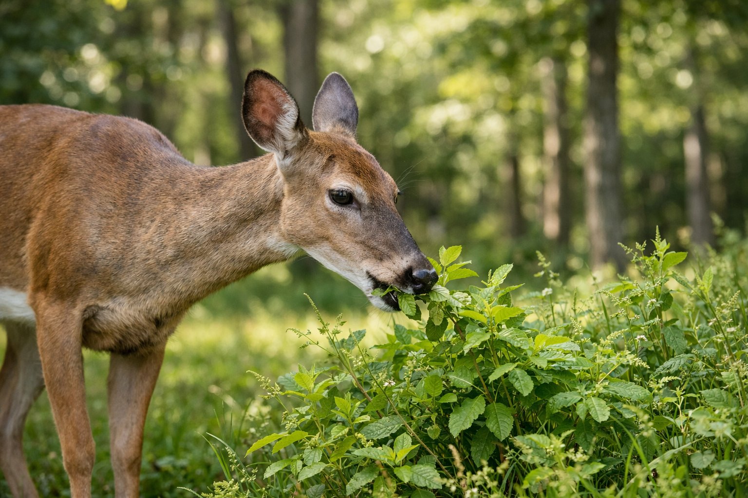 A deer eating green leaves in a forest clearing surrounded by trees and plants.
