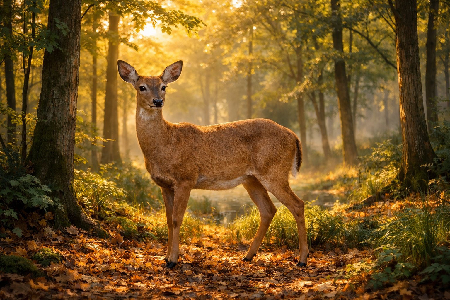 A deer standing quietly in a sunlit forest surrounded by trees and greenery.