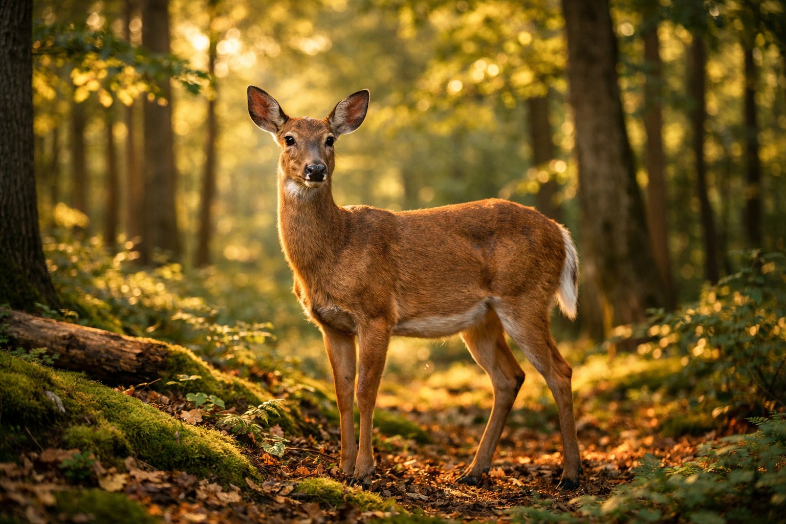 An adult deer standing quietly in a sunlit forest surrounded by trees and green plants.