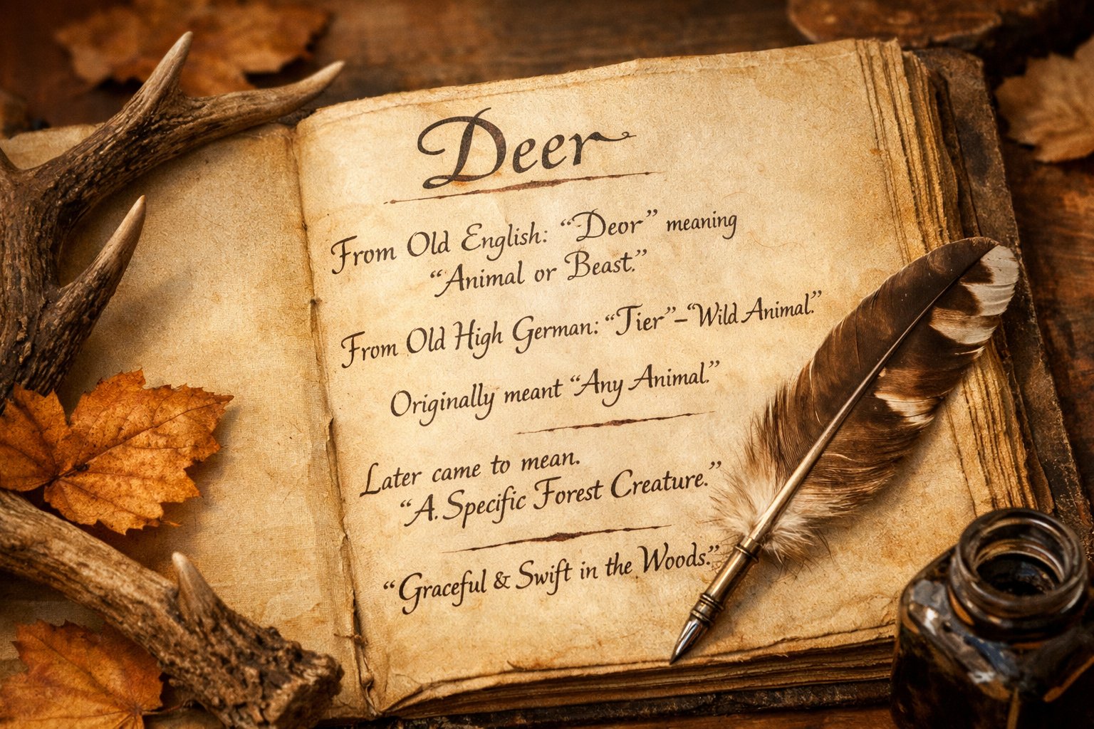 An open ancient manuscript surrounded by deer antlers, autumn leaves, and a quill pen on a wooden surface.