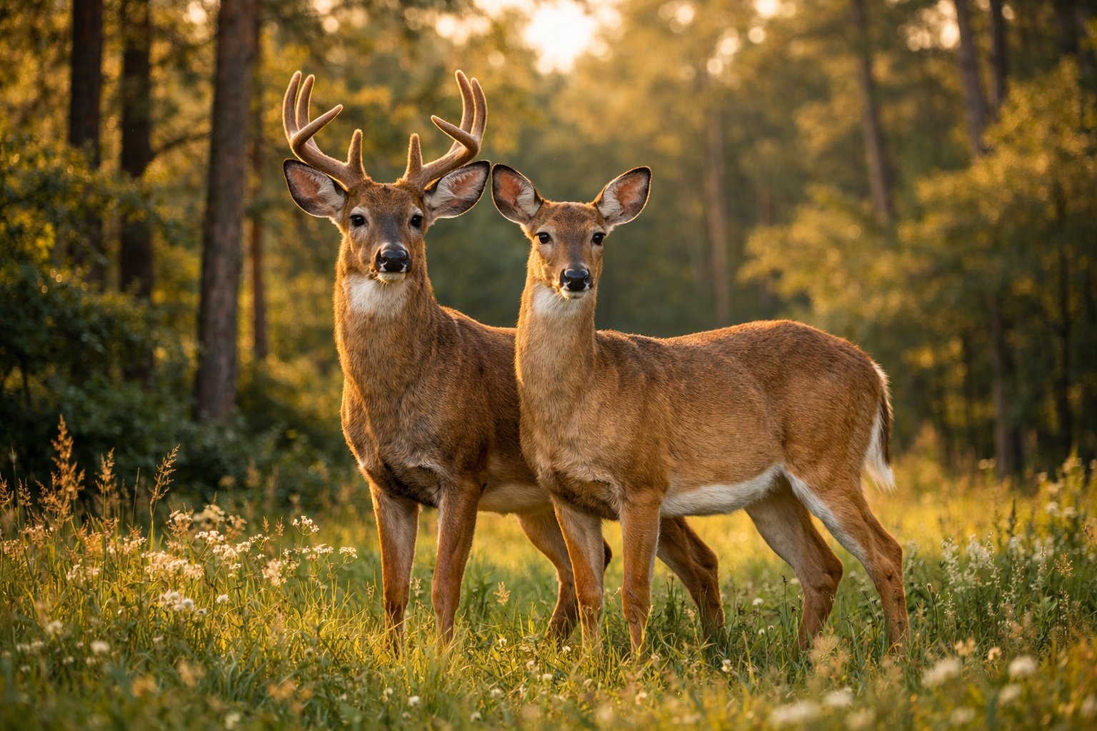 Two deer standing side by side in a sunlit forest clearing surrounded by trees and grass.