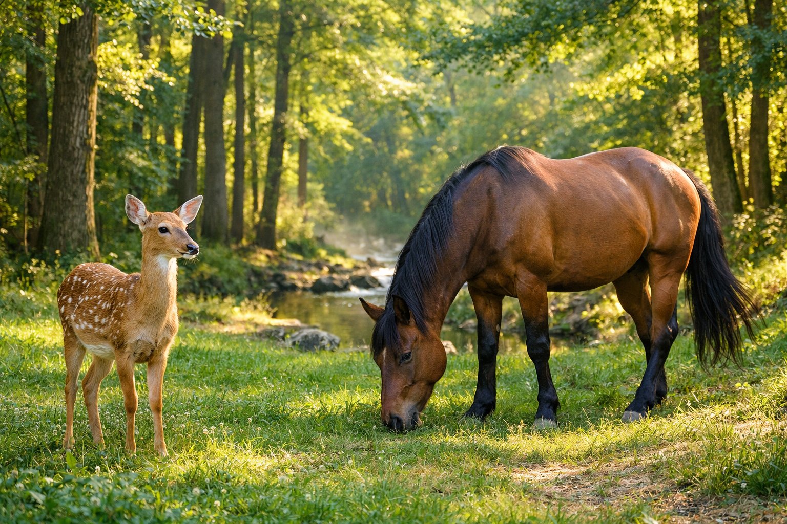 A deer and a horse standing together in a sunlit forest clearing with trees in the background.