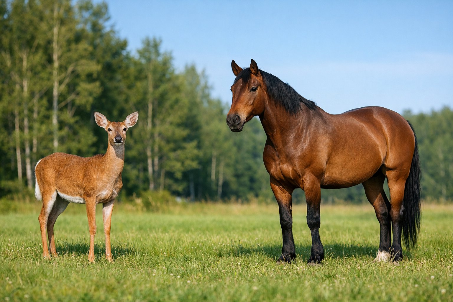 A deer and a horse standing side by side in a green meadow with trees in the background.