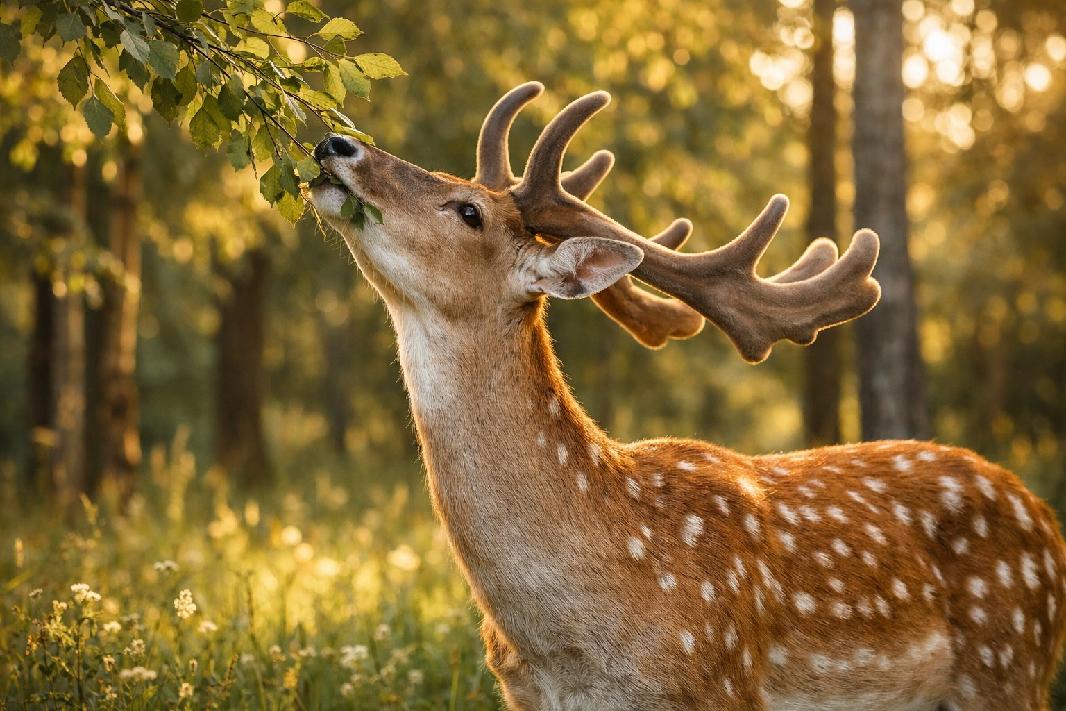 A deer eating green leaves from a branch in a forest clearing with sunlight filtering through the trees.