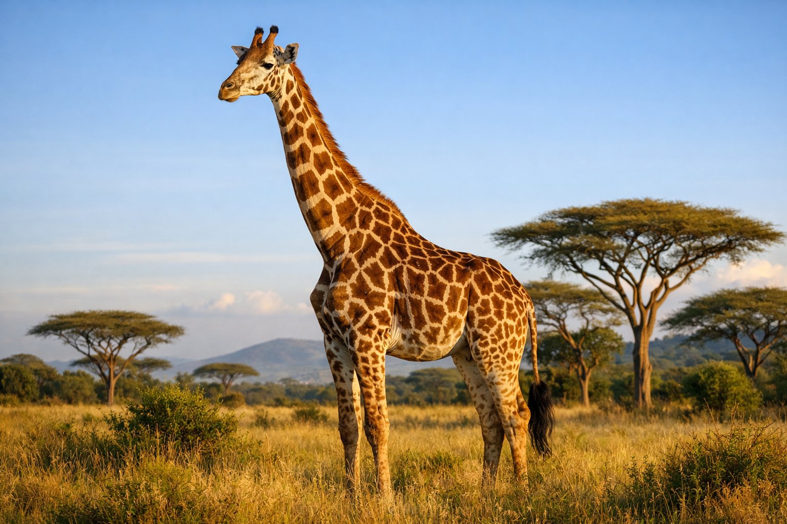 A giraffe standing in a savannah with acacia trees and a clear sky in the background.