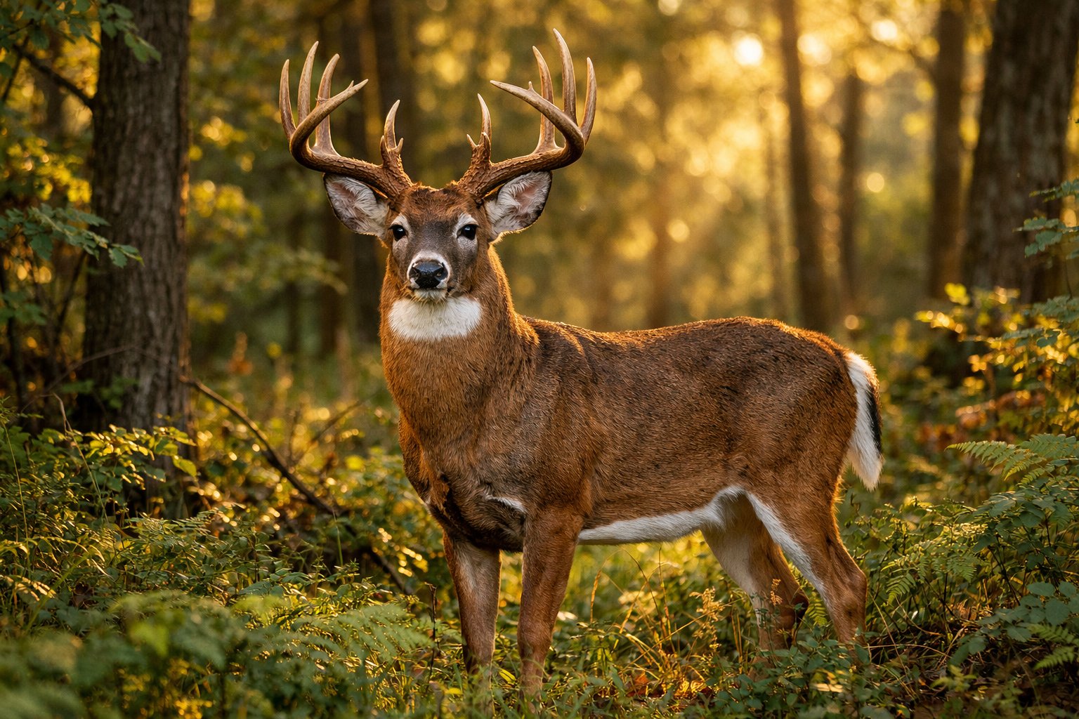 A white-tailed deer with antlers standing in a forest surrounded by green trees and sunlight.