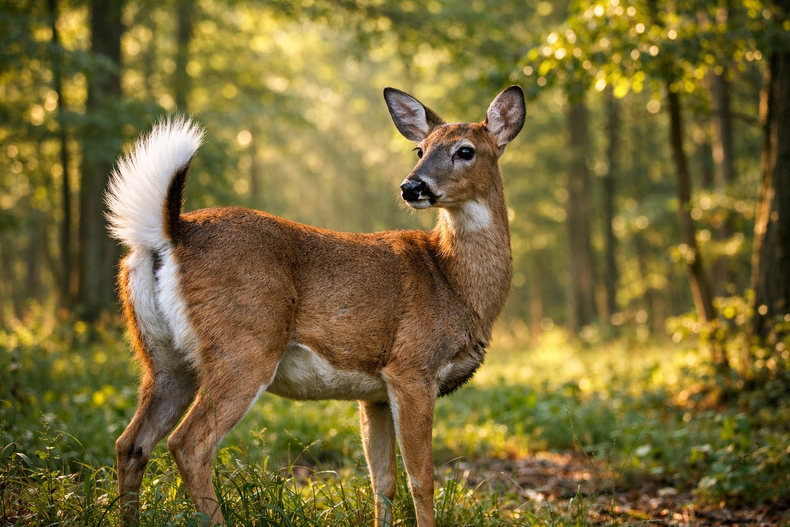 A white-tailed deer standing in a green forest with its white tail raised.