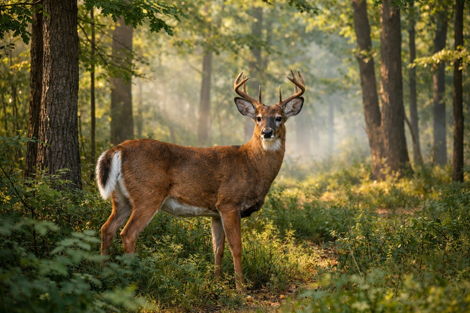 A white-tailed deer standing alert in a forest with tall trees and soft morning light.