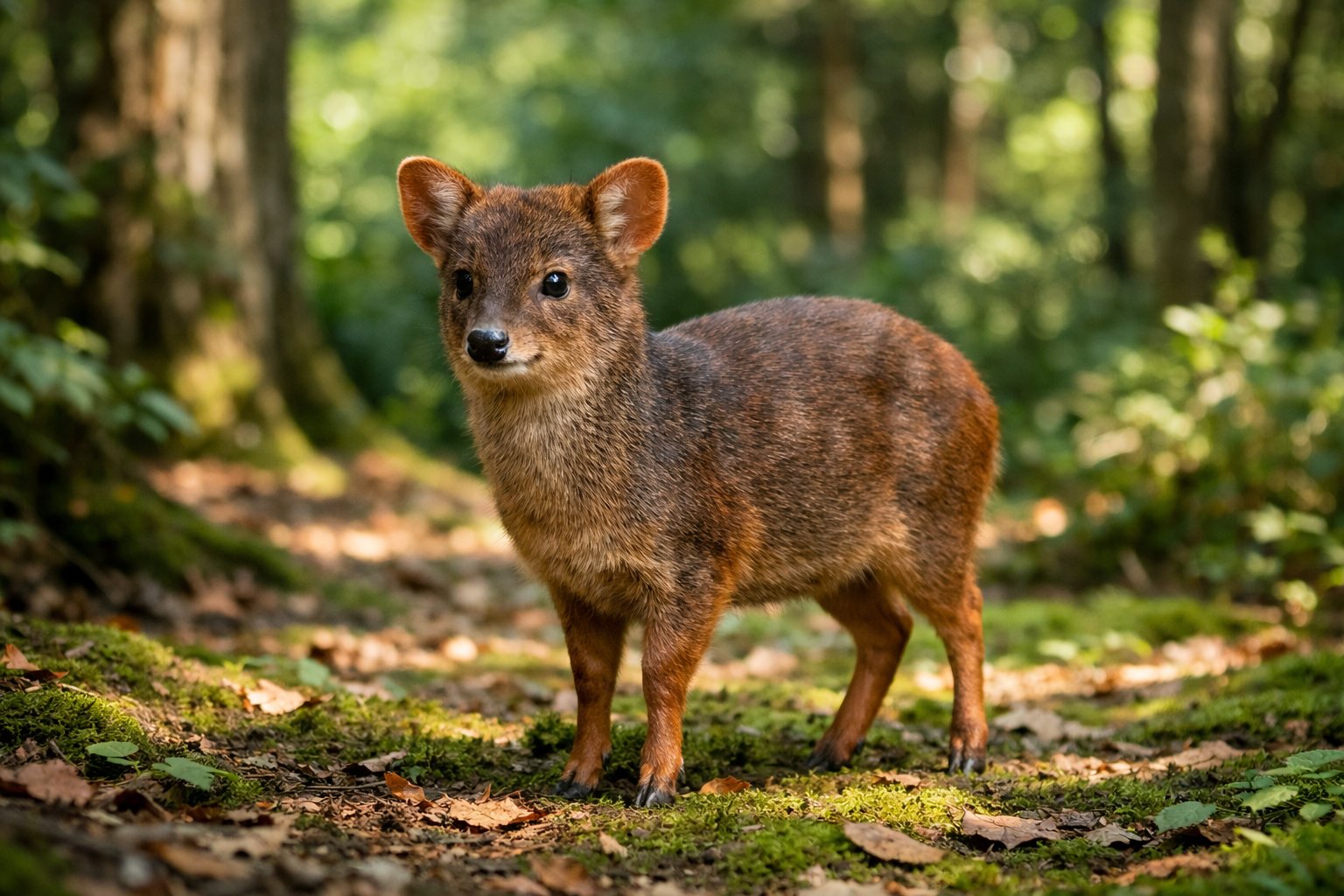 A small pudu deer standing in a green forest clearing surrounded by trees and foliage.