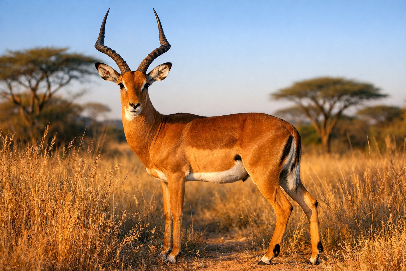 An impala with curved horns standing in tall grass in a savanna landscape under a clear sky.