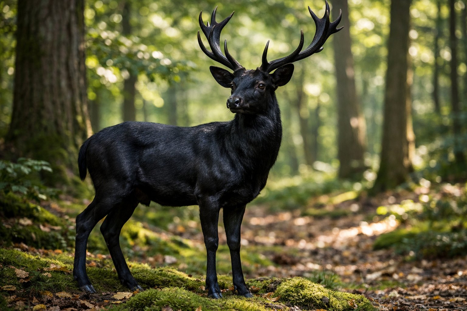 A black deer standing in a green forest with sunlight filtering through the trees.