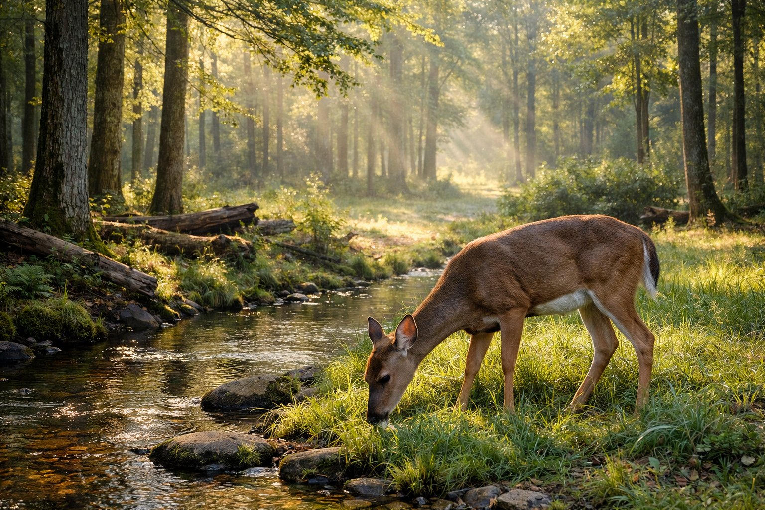 A deer grazing near a stream in a sunlit forest with trees and greenery around.
