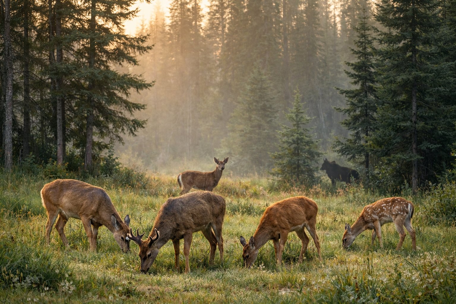 A group of deer grazing in a forest clearing with a faint silhouette of a predator in the background among the trees.