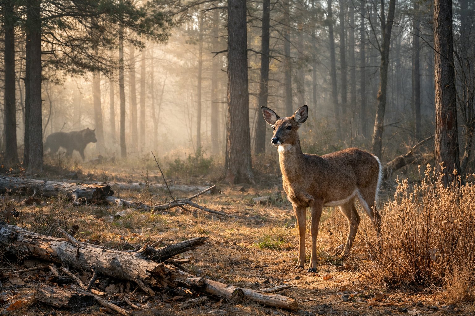 An adult deer stands alert in a forest with trees, shadows of a predator in the background, and signs of harsh weather and dry vegetation nearby.