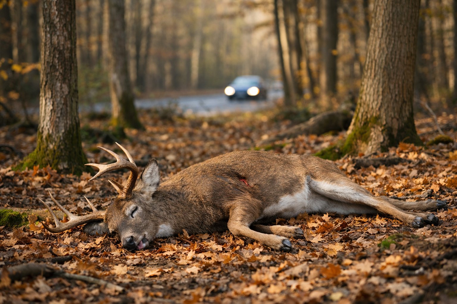 A deer lying lifeless on the forest floor surrounded by autumn leaves with trees in the background.
