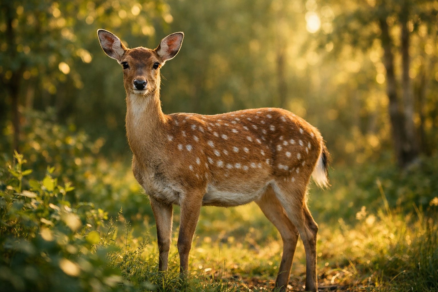 An adult deer standing in a sunlit forest clearing surrounded by green foliage.