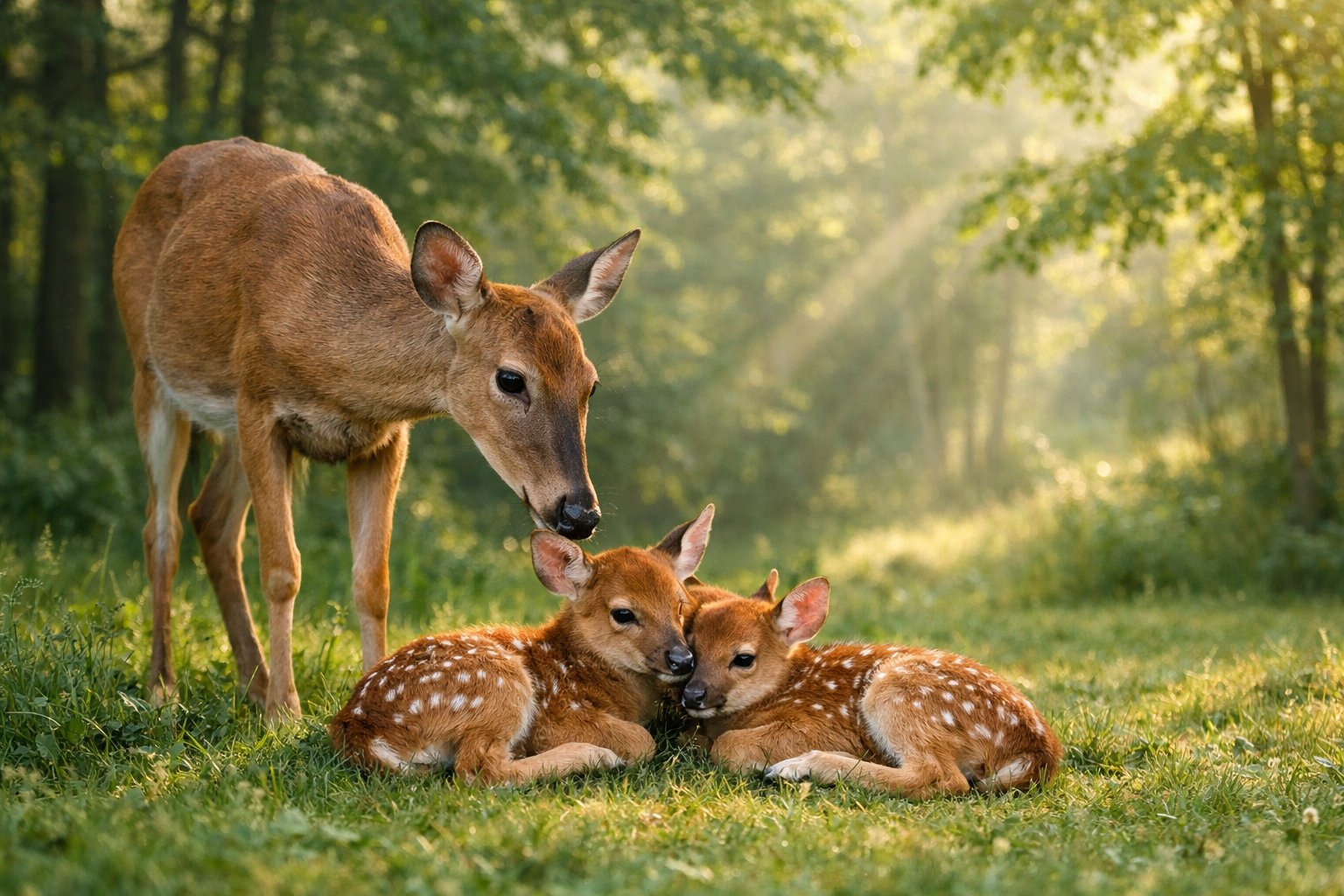 A mother deer standing beside two newborn fawns resting on grass in a forest clearing.