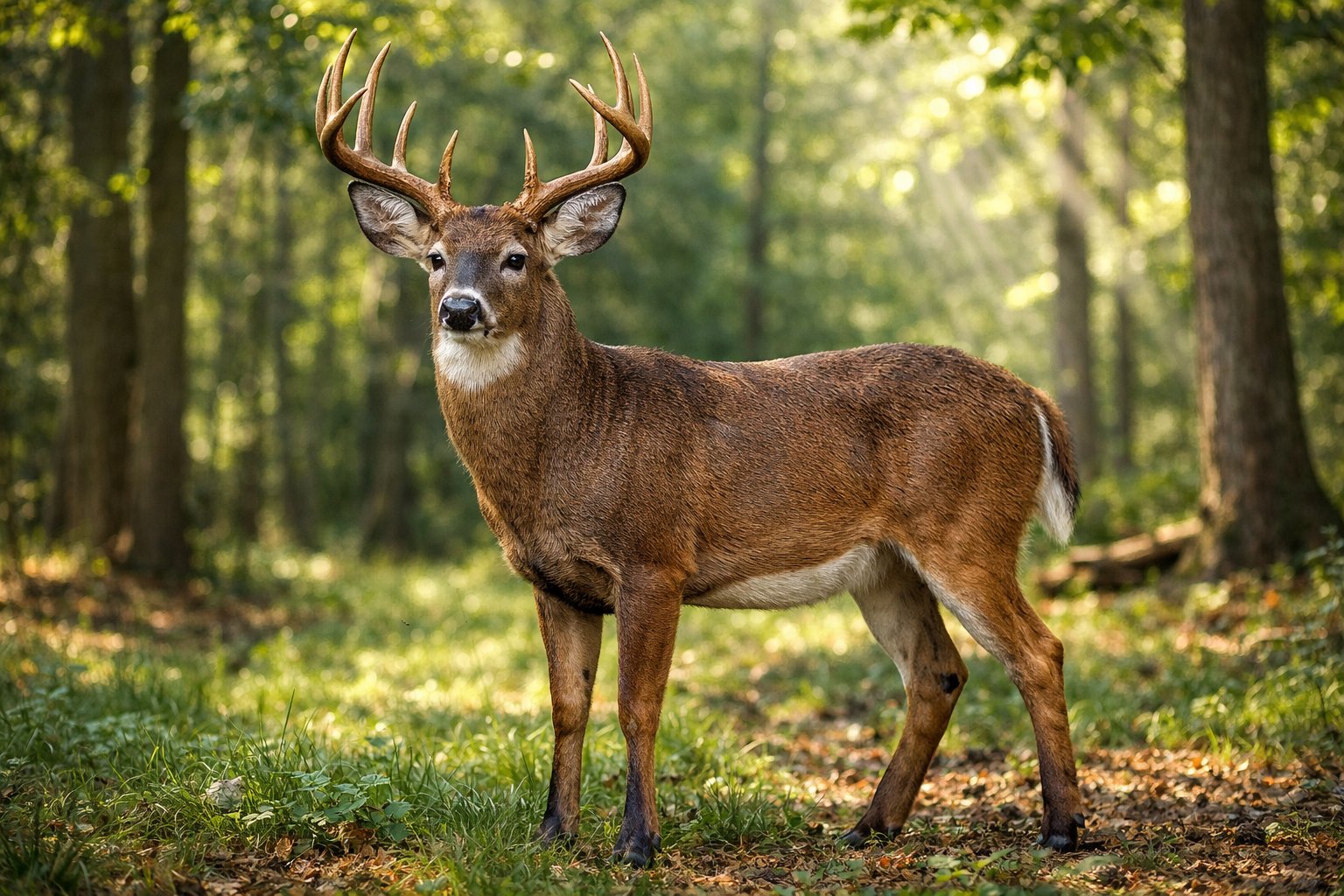A mature deer standing in a sunlit forest surrounded by trees and greenery.