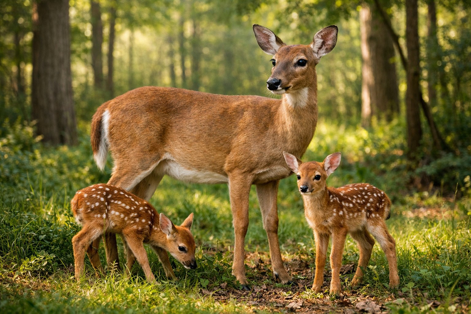 A mother deer with two newborn fawns standing in a green forest clearing.