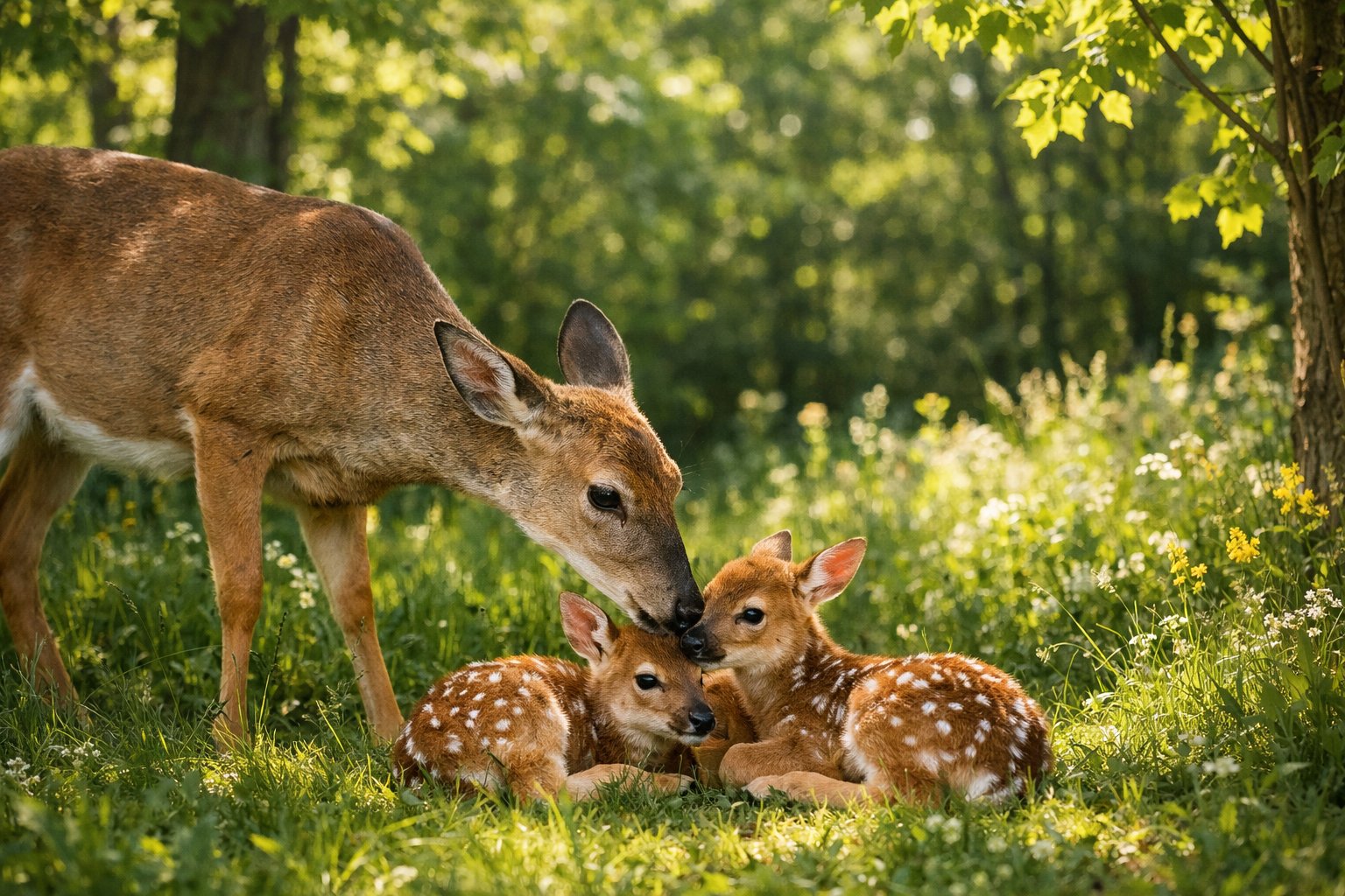 A doe with two fawns resting together in a sunlit forest clearing.